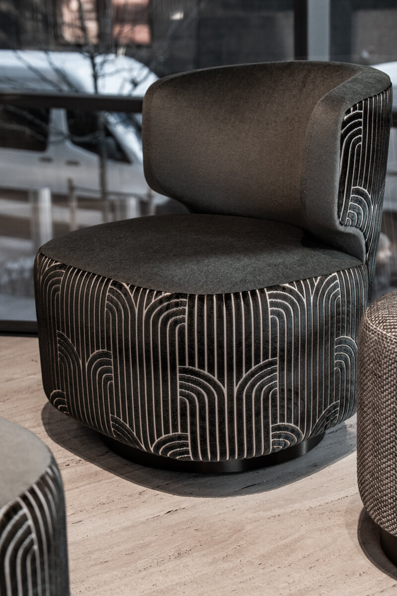 Custom upholstered cocktail chair in NYC restaurant