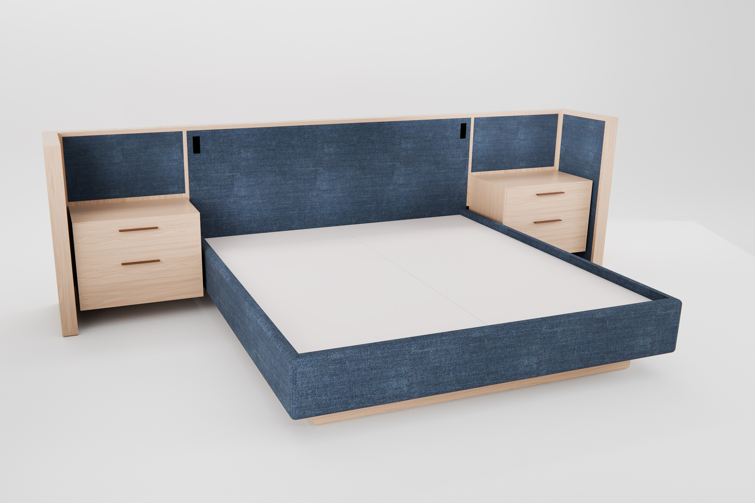 3D rendering of custom white oak and upholstered platform bed